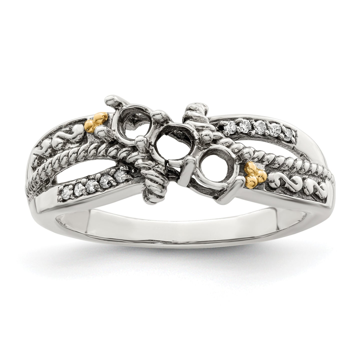 Sterling Silver Antiqued w/14k 3-stone w/Diamond Mother's Ring Semi-Mount