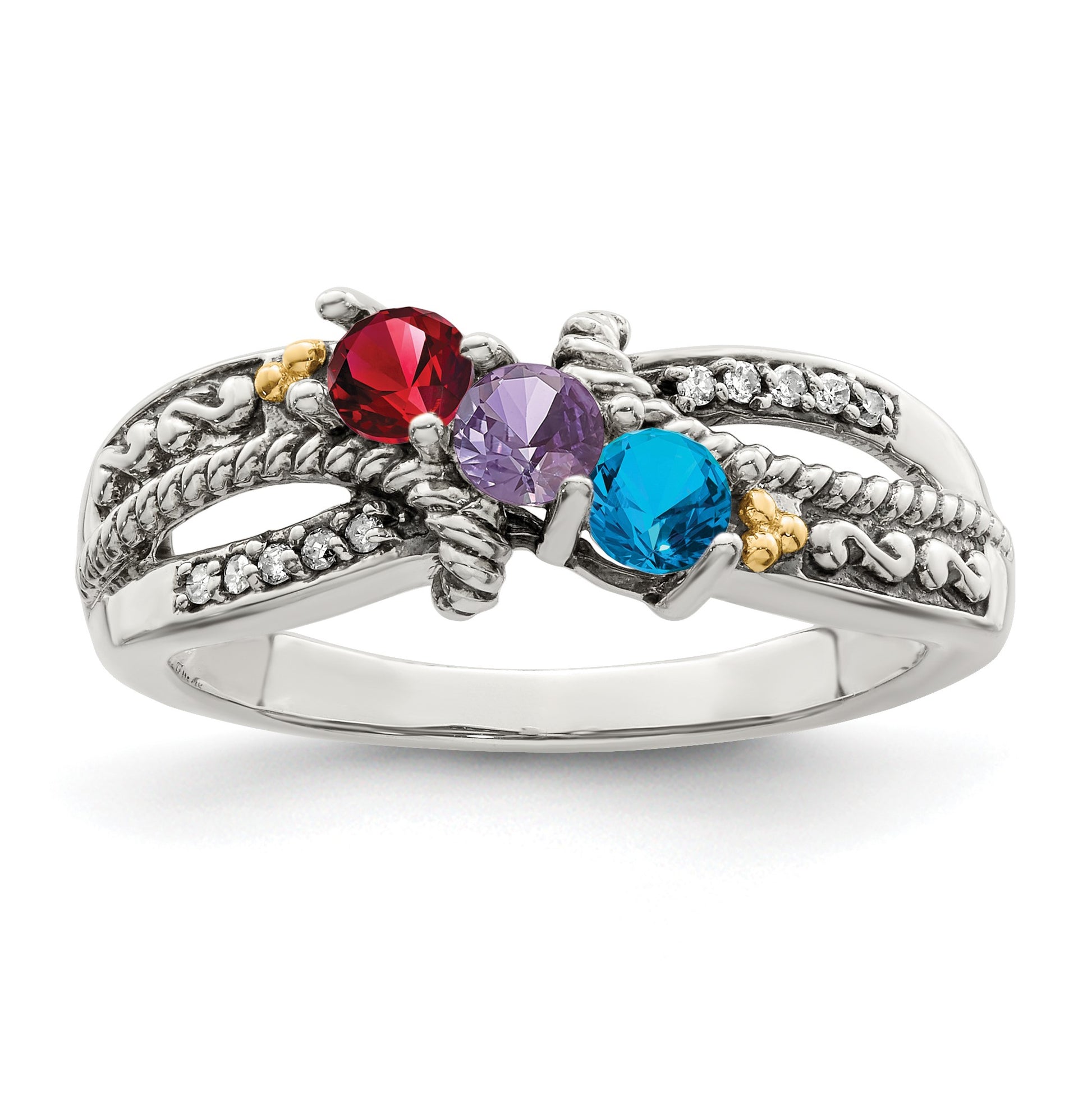 Sterling Silver Antiqued w/14k 3-stone w/Diamond Mother's Ring Semi-Mount