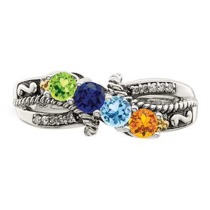 Sterling Silver Antiqued w/14k 4-stone w/Diamond Mother's Ring Semi-Mount