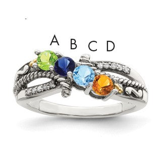 Sterling Silver Antiqued w/14k 4-stone w/Diamond Mother's Ring Semi-Mount