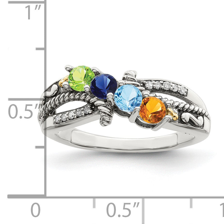 Sterling Silver Antiqued w/14k 4-stone w/Diamond Mother's Ring Semi-Mount