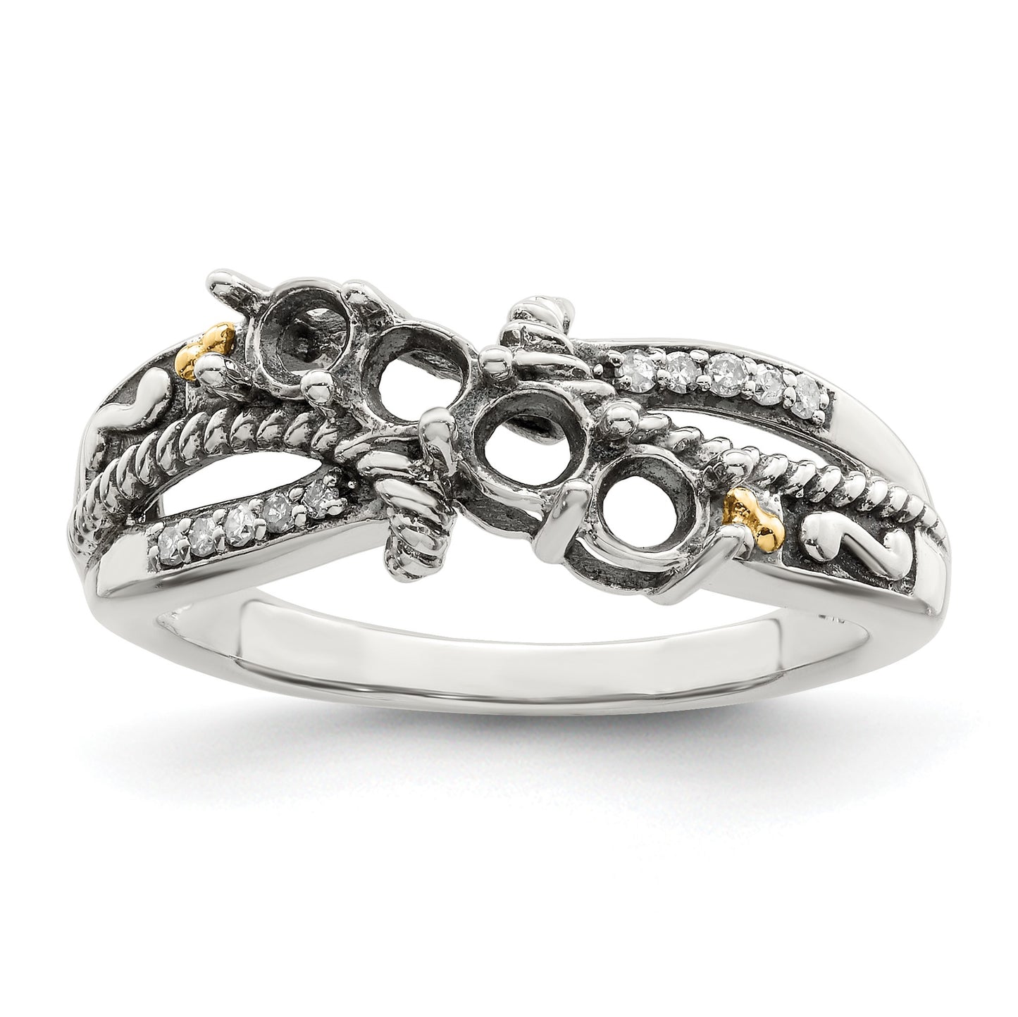 Sterling Silver Antiqued w/14k 4-stone w/Diamond Mother's Ring Semi-Mount