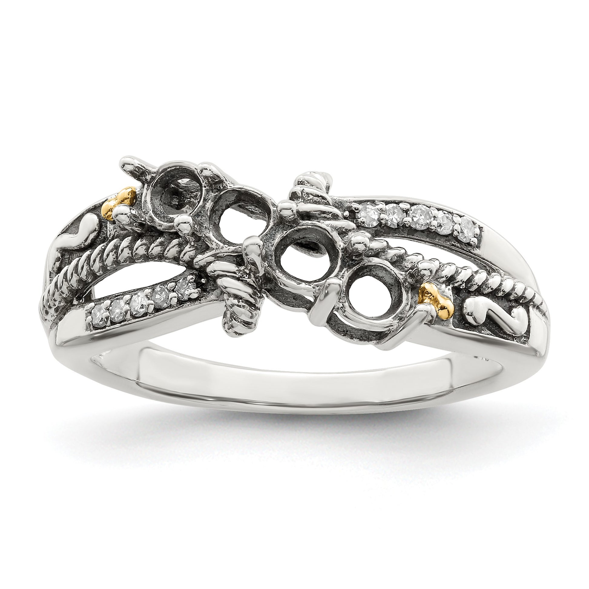 Sterling Silver Antiqued w/14k 4-stone w/Diamond Mother's Ring Semi-Mount