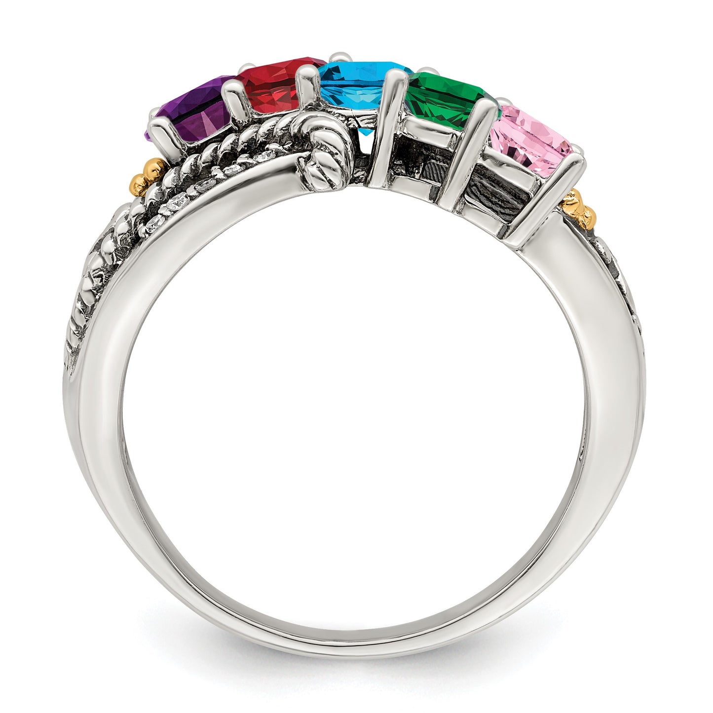 Sterling Silver Antiqued w/14k 5-stone w/Diamond Mother's Ring Semi-Mount