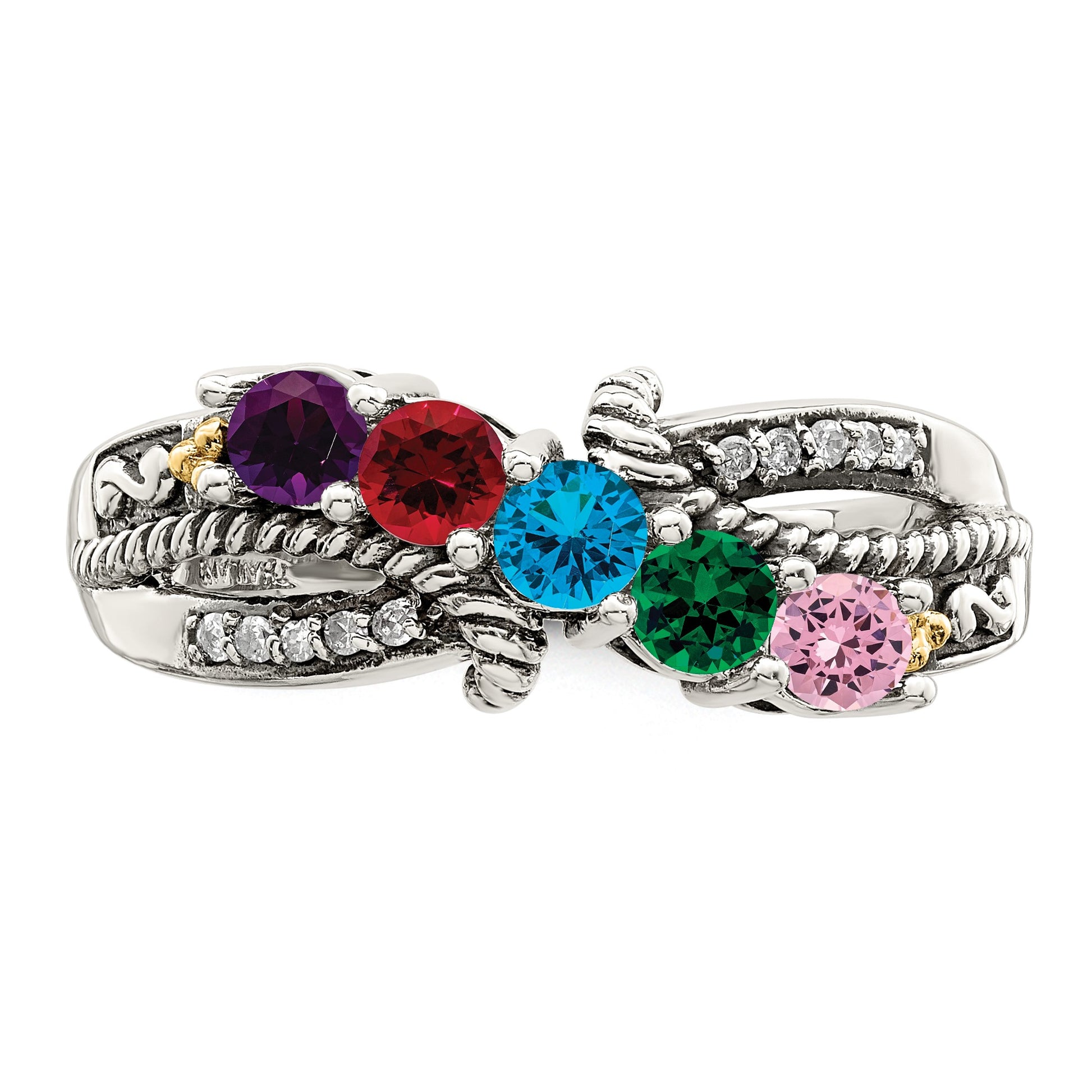 Sterling Silver Antiqued w/14k 5-stone w/Diamond Mother's Ring Semi-Mount