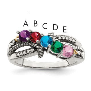 Sterling Silver Antiqued w/14k 5-stone w/Diamond Mother's Ring Semi-Mount