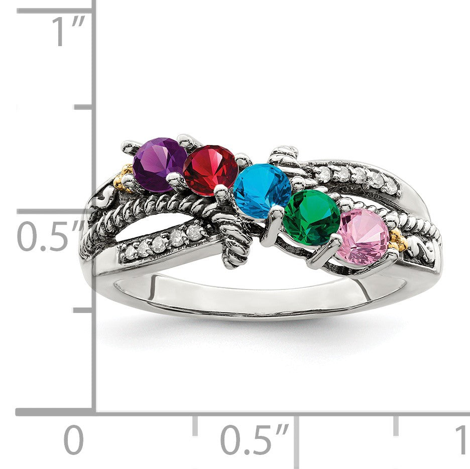 Sterling Silver Antiqued w/14k 5-stone w/Diamond Mother's Ring Semi-Mount