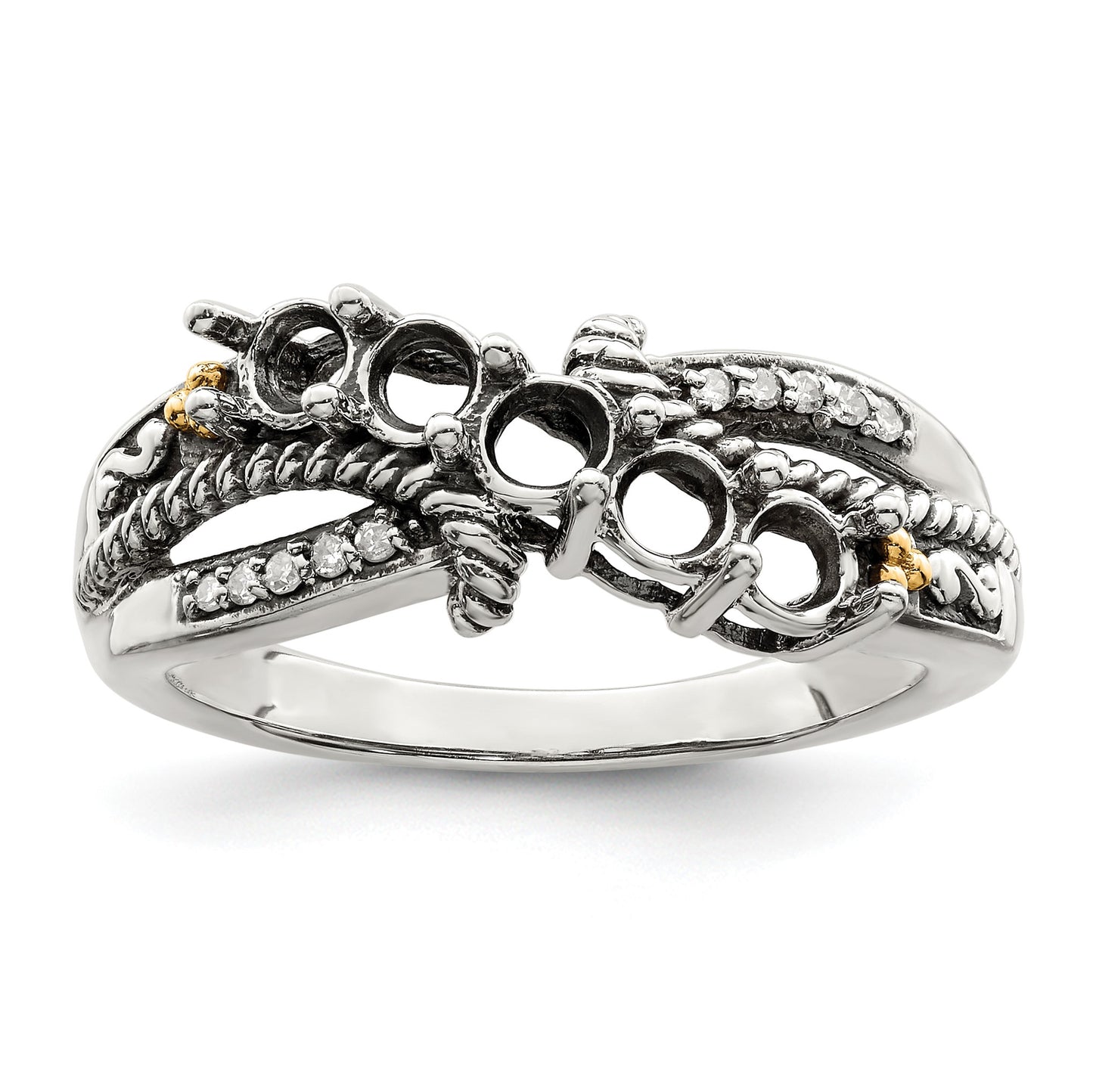 Sterling Silver Antiqued w/14k 5-stone w/Diamond Mother's Ring Semi-Mount