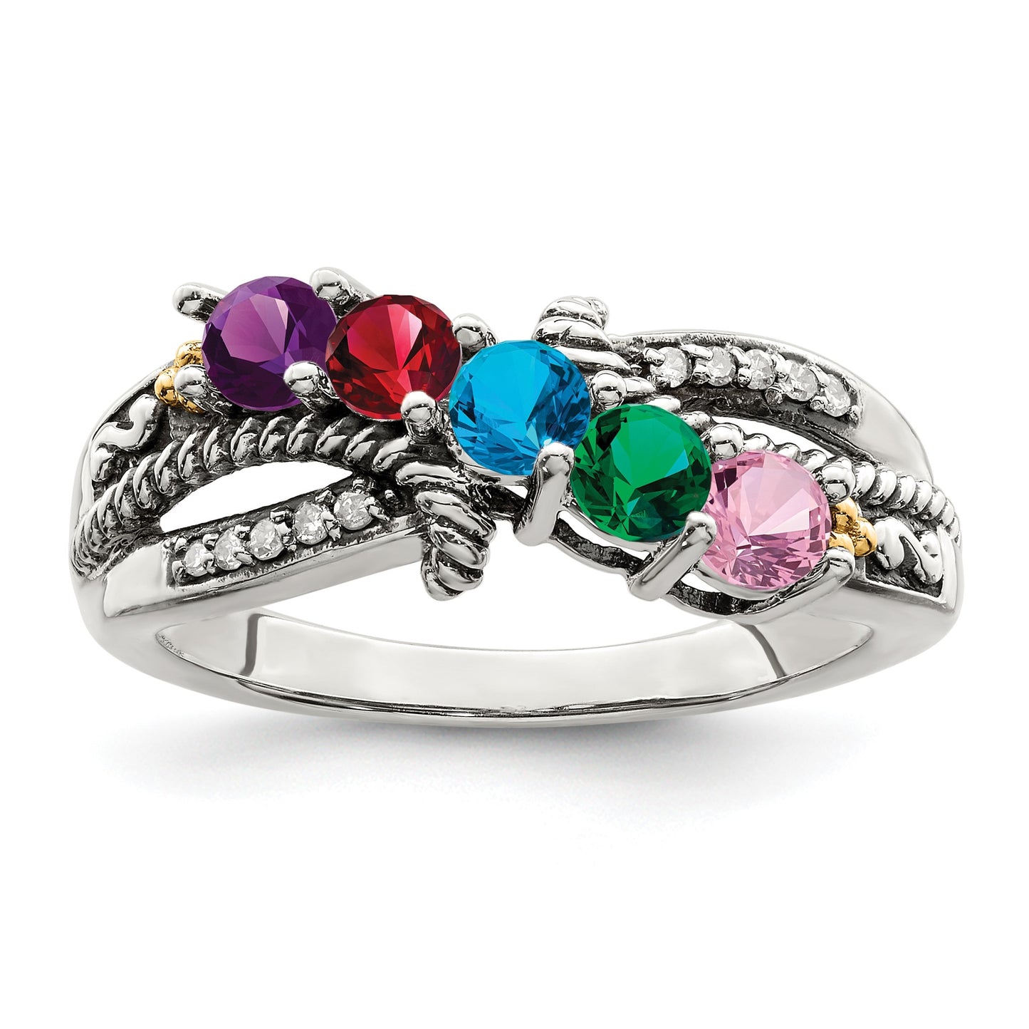Sterling Silver Antiqued w/14k 5-stone w/Diamond Mother's Ring Semi-Mount