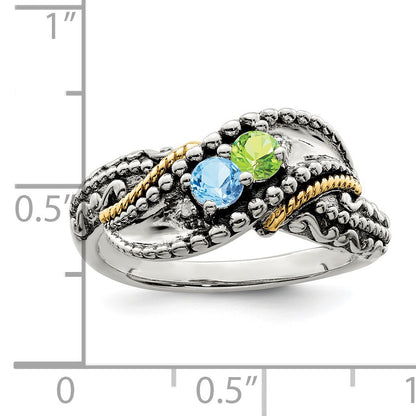 Sterling Silver Antiqued w/14k 2-stone w/Diamond Mother's Ring Semi-Mount