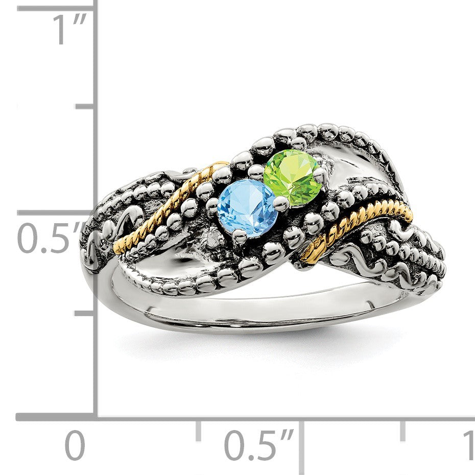 Sterling Silver Antiqued w/14k 2-stone w/Diamond Mother's Ring Semi-Mount