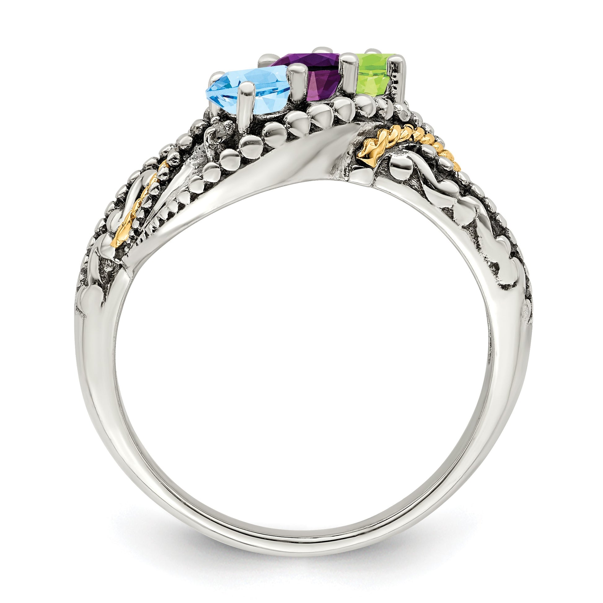 Sterling Silver Antiqued w/14k 3-stone w/Diamond Mother's Ring Semi-Mount