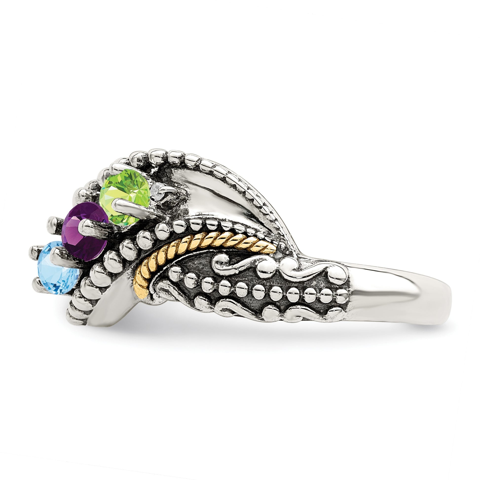 Sterling Silver Antiqued w/14k 3-stone w/Diamond Mother's Ring Semi-Mount