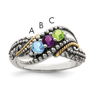Sterling Silver Antiqued w/14k 3-stone w/Diamond Mother's Ring Semi-Mount