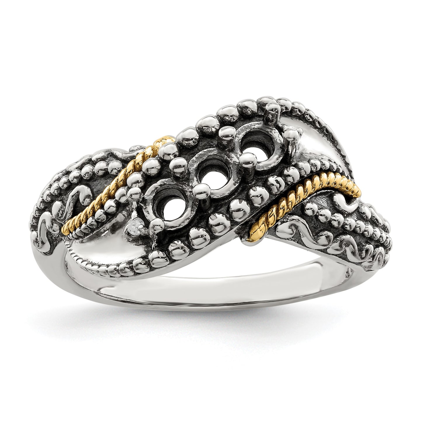 Sterling Silver Antiqued w/14k 3-stone w/Diamond Mother's Ring Semi-Mount