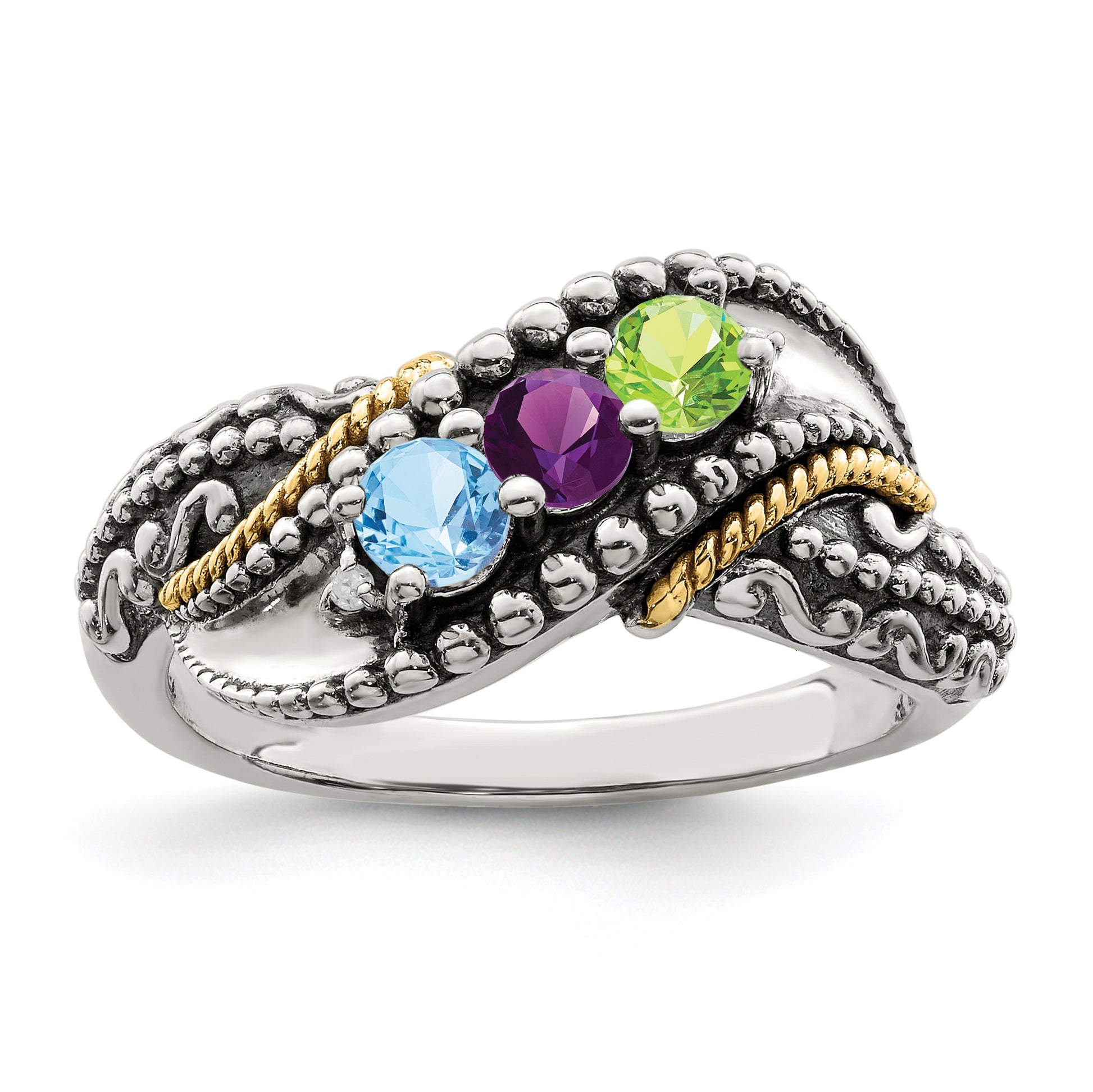 Sterling Silver Antiqued w/14k 3-stone w/Diamond Mother's Ring Semi-Mount