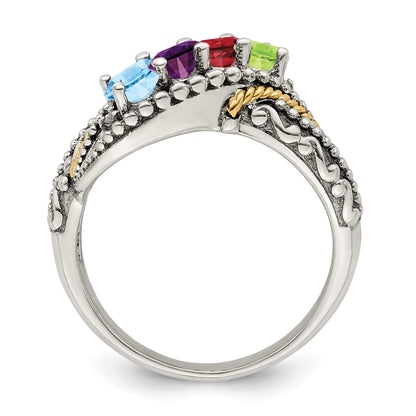 Sterling Silver Antiqued w/14k 4-stone w/Diamond Mother's Ring Semi-Mount