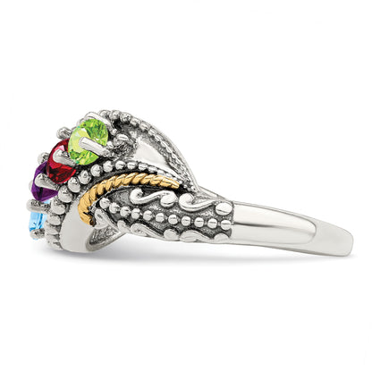 Sterling Silver Antiqued w/14k 4-stone w/Diamond Mother's Ring Semi-Mount