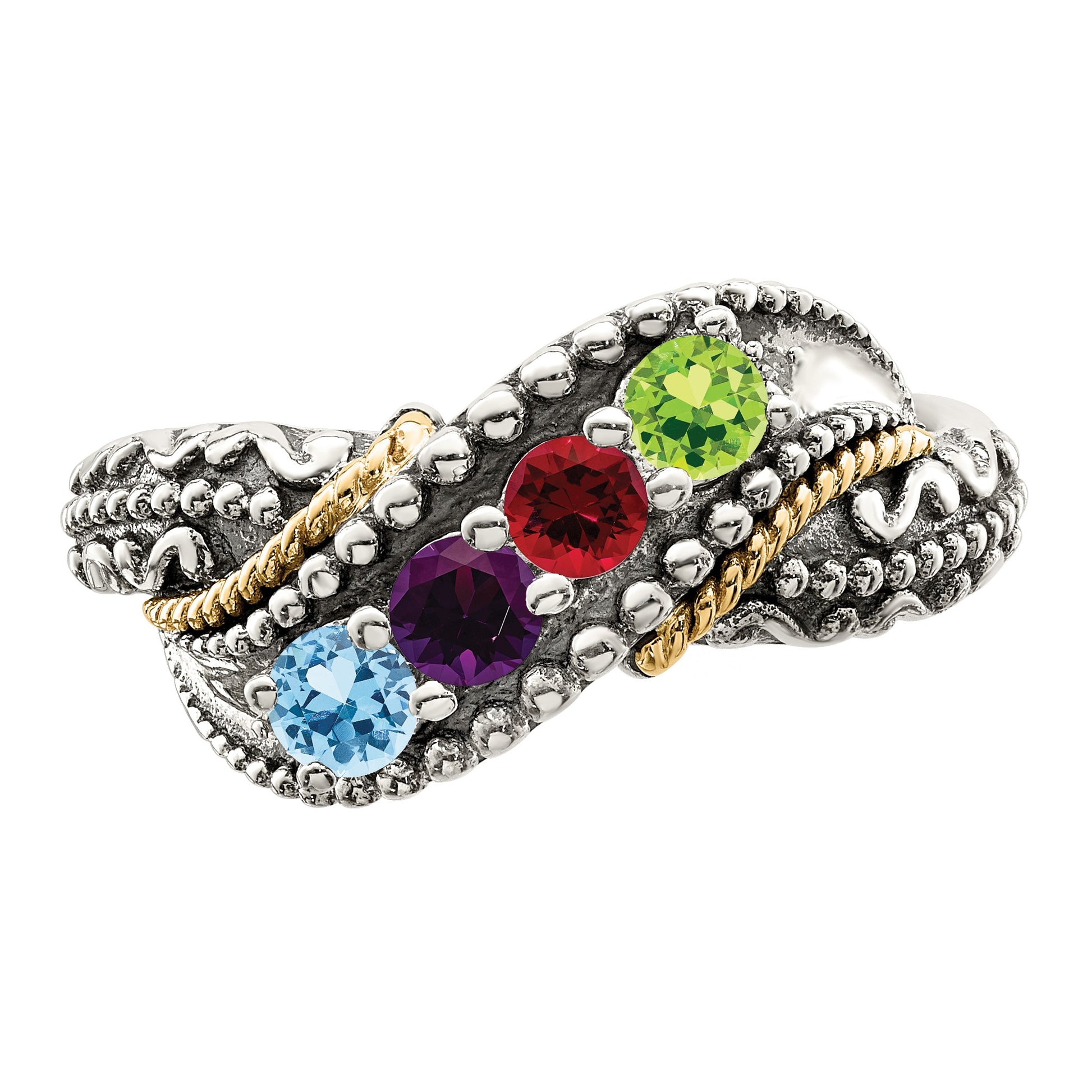 Sterling Silver Antiqued w/14k 4-stone w/Diamond Mother's Ring Semi-Mount
