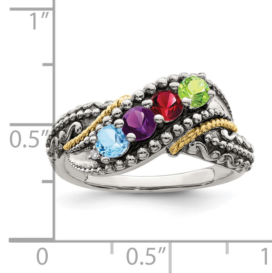 Sterling Silver Antiqued w/14k 4-stone w/Diamond Mother's Ring Semi-Mount