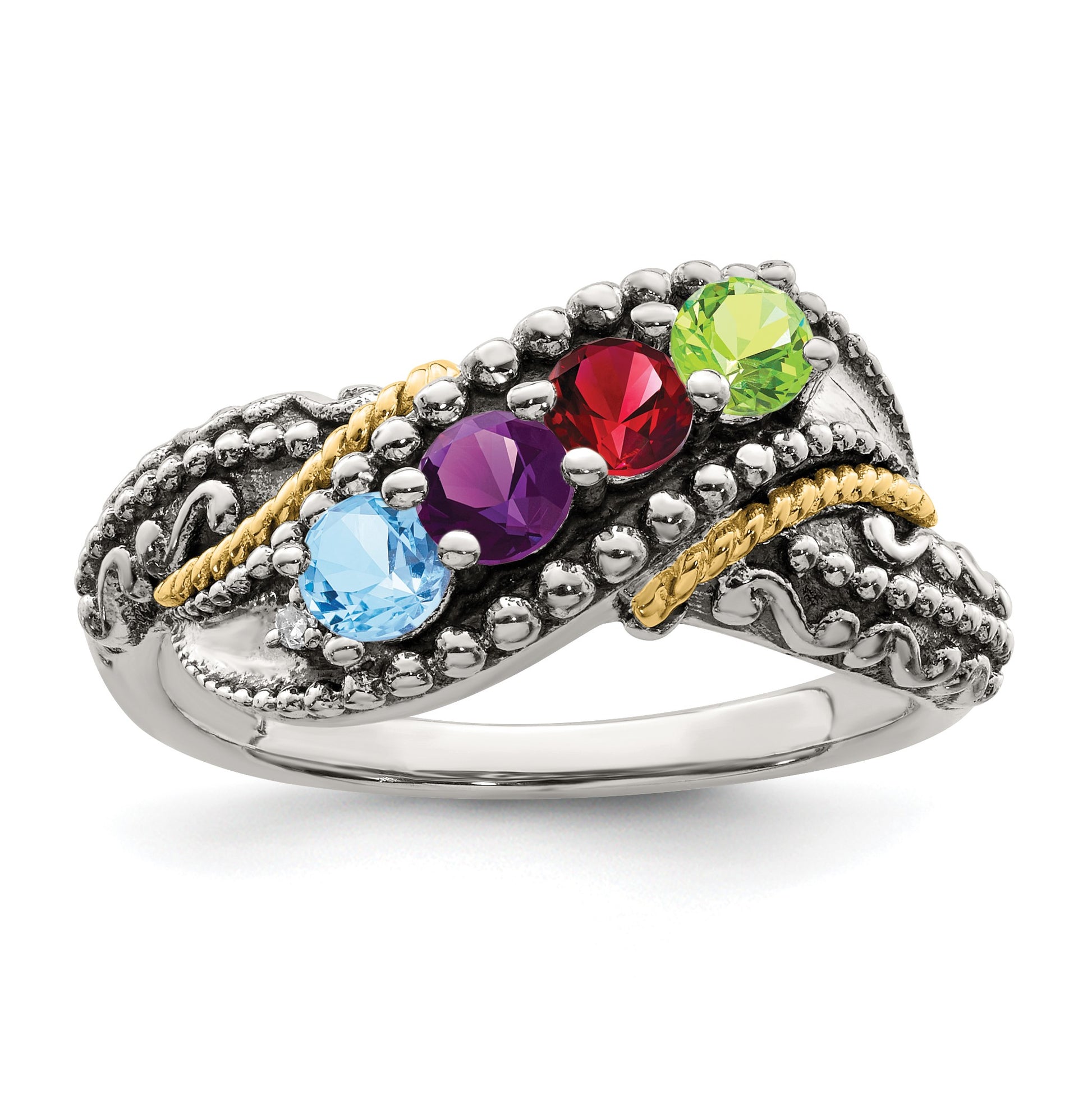 Sterling Silver Antiqued w/14k 4-stone w/Diamond Mother's Ring Semi-Mount