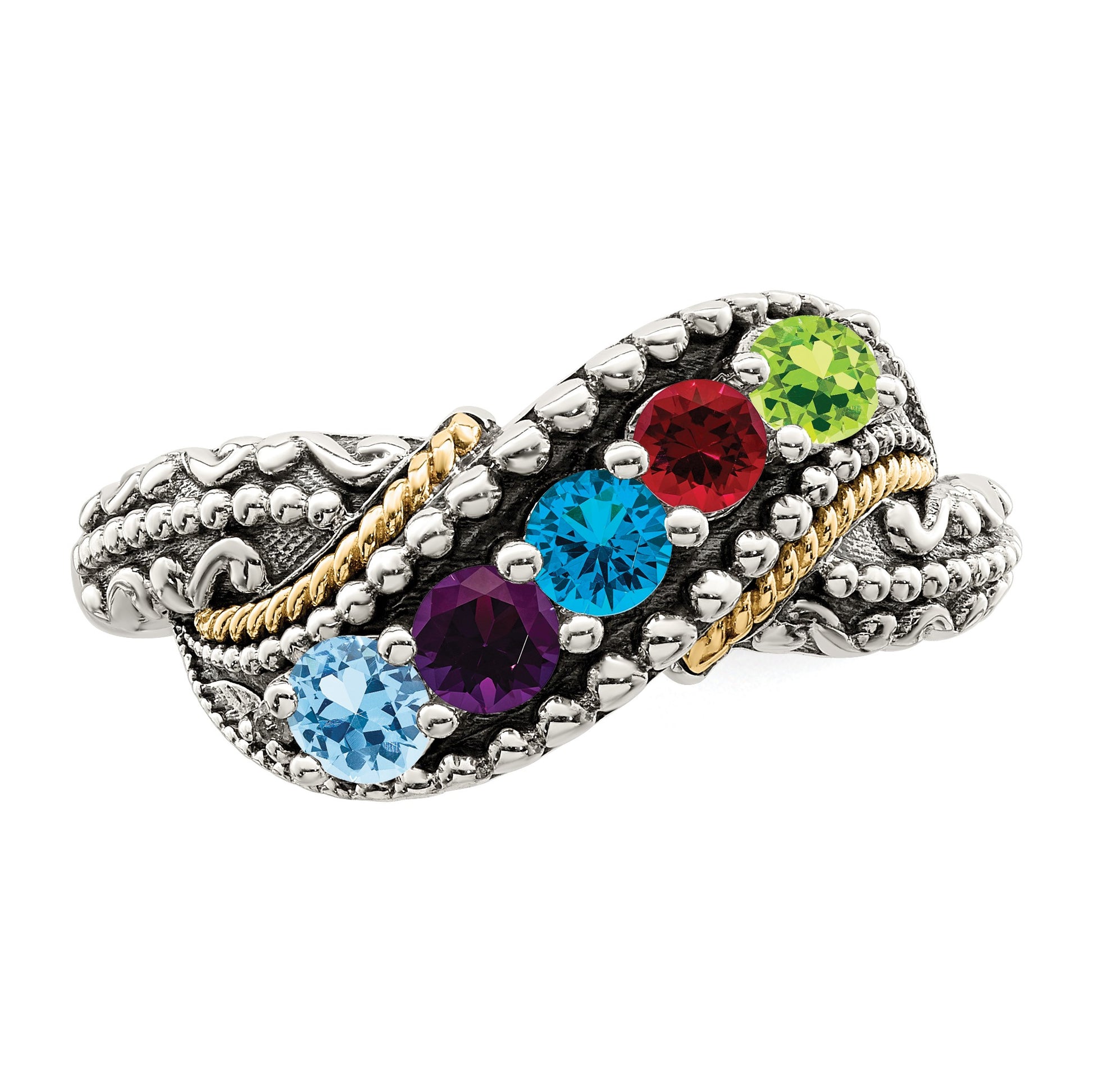 Sterling Silver Antiqued w/14k 5-stone w/Diamond Mother's Ring Semi-Mount