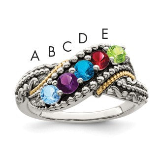 Sterling Silver Antiqued w/14k 5-stone w/Diamond Mother's Ring Semi-Mount
