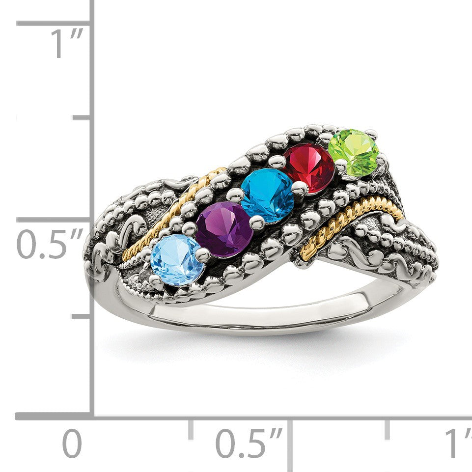Sterling Silver Antiqued w/14k 5-stone w/Diamond Mother's Ring Semi-Mount