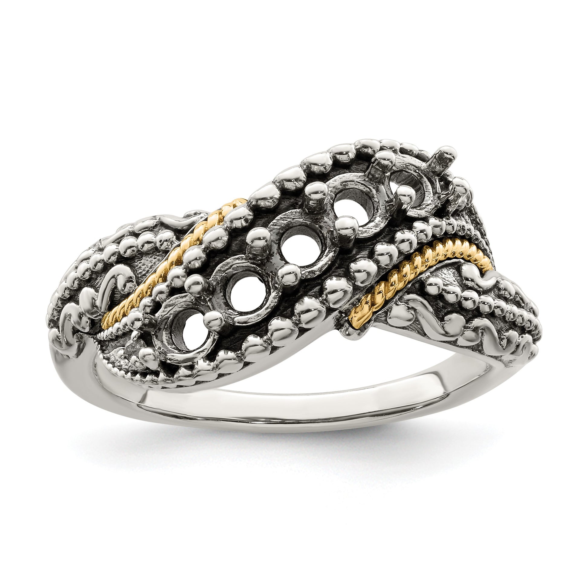 Sterling Silver Antiqued w/14k 5-stone w/Diamond Mother's Ring Semi-Mount