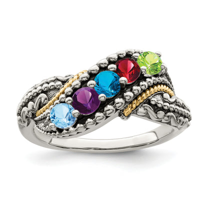 Sterling Silver Antiqued w/14k 5-stone w/Diamond Mother's Ring Semi-Mount