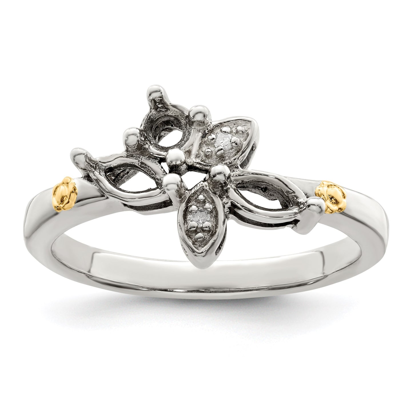 Sterling Silver Antiqued w/14k 3-stone w/Diamond Mother's Ring Semi-Mount