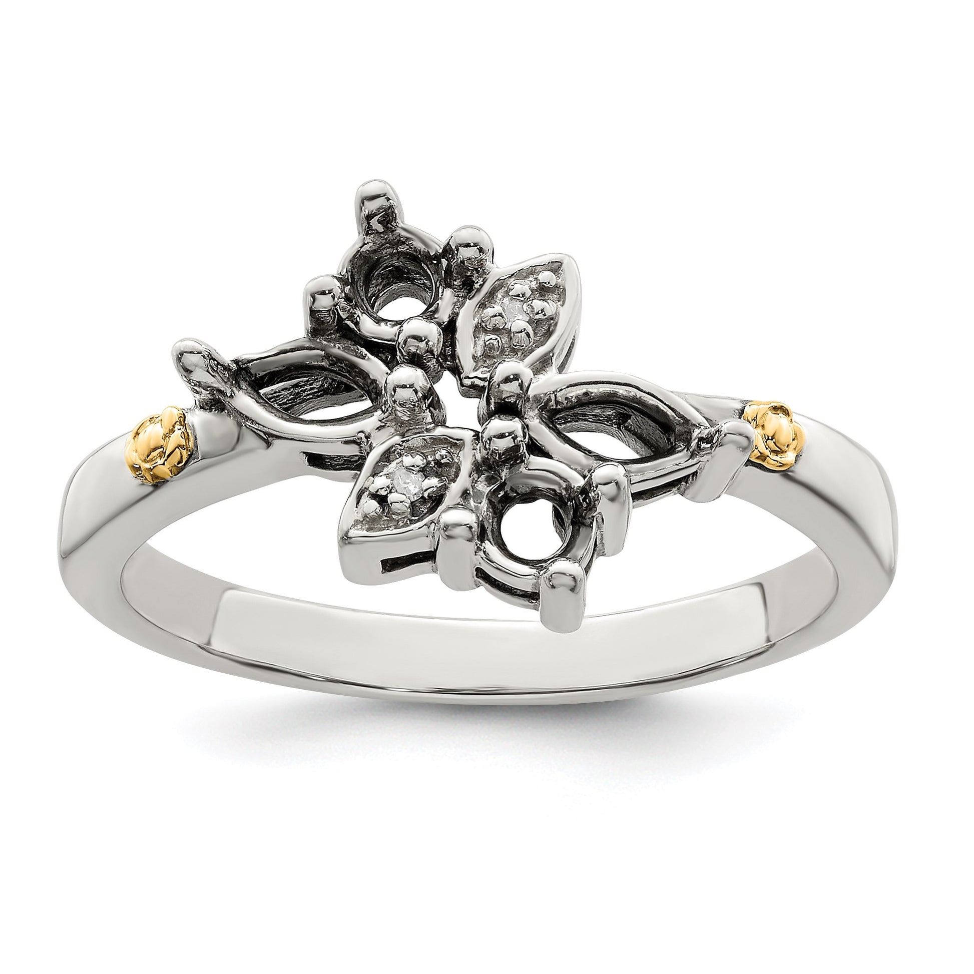 Sterling Silver Antiqued w/14k 4-stone w/Diamond Mother's Ring Semi-Mount