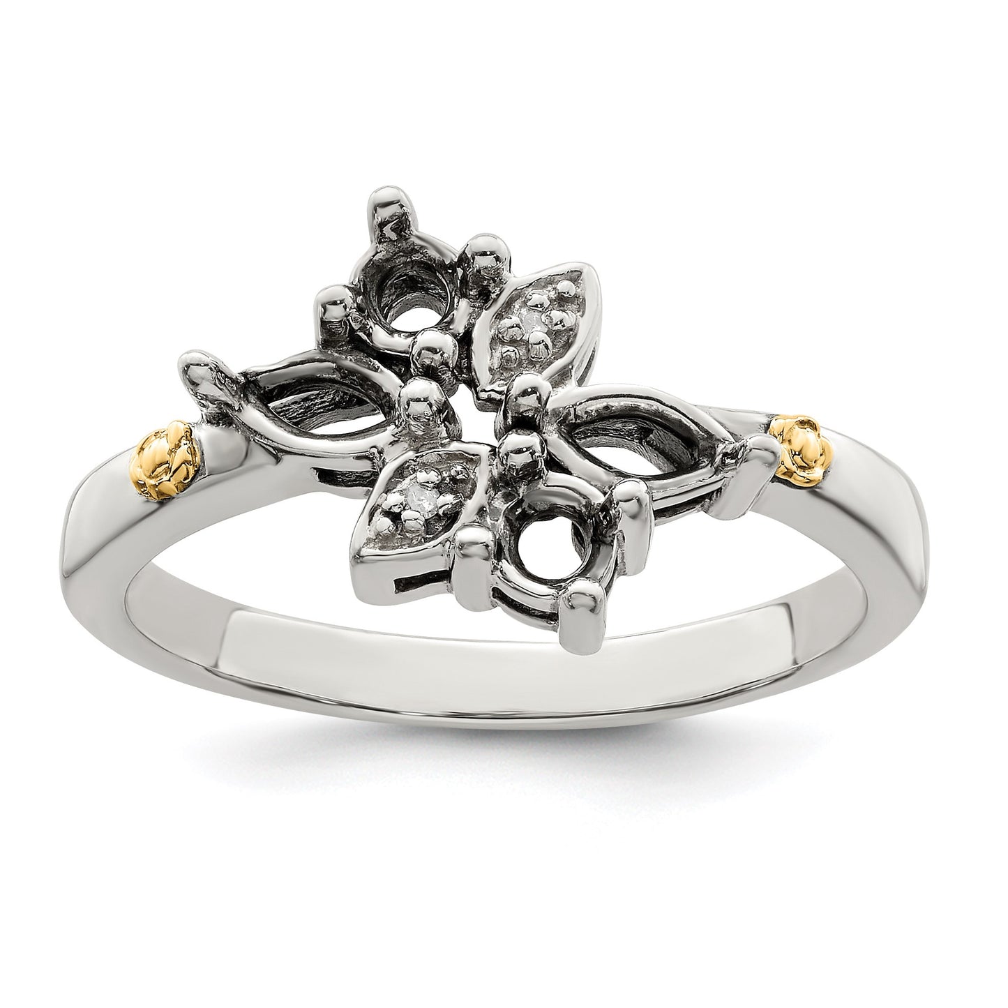 Sterling Silver Antiqued w/14k 4-stone w/Diamond Mother's Ring Semi-Mount