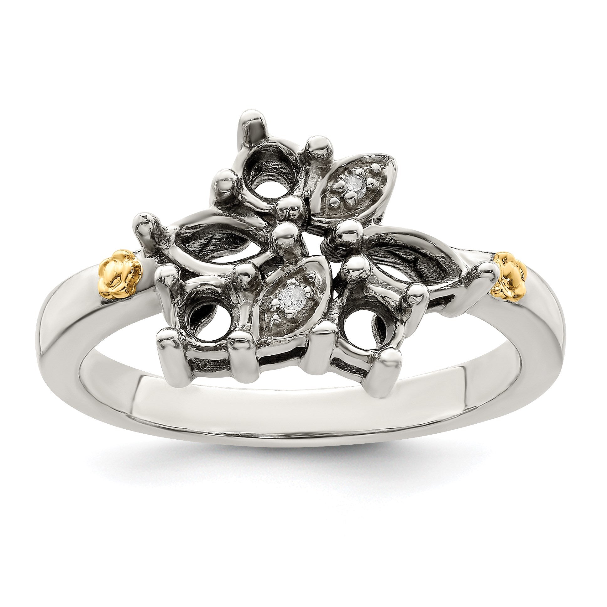 Sterling Silver Antiqued w/14k 5-stone w/Diamond Mother's Ring Semi-Mount