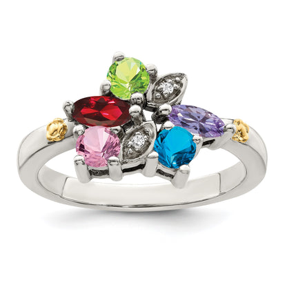 Sterling Silver Antiqued w/14k 5-stone w/Diamond Mother's Ring Semi-Mount