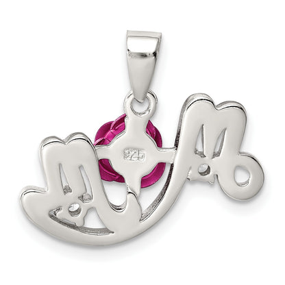 Sterling Silver Rhodium-plated Dyed Pink Aluminum Rose/Clear CZ Mom Pendant
