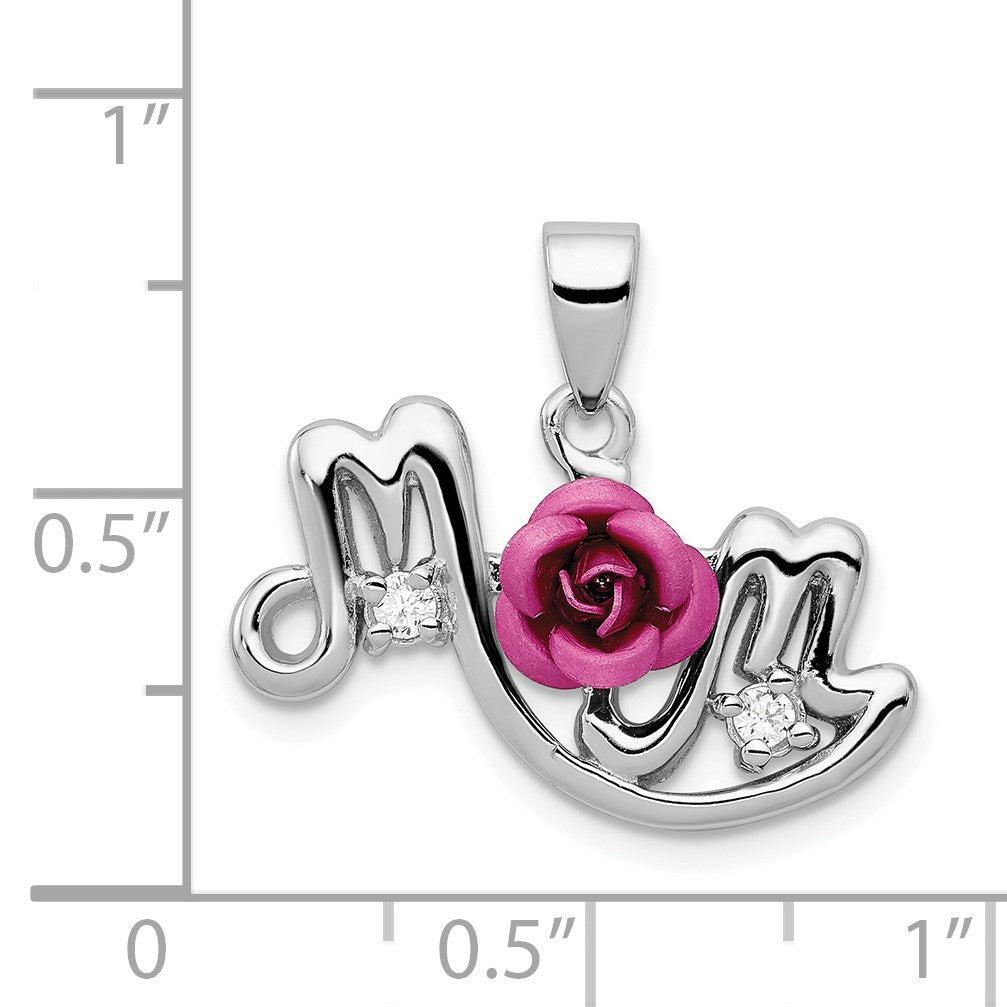 Sterling Silver Rhodium-plated Dyed Pink Aluminum Rose/Clear CZ Mom Pendant