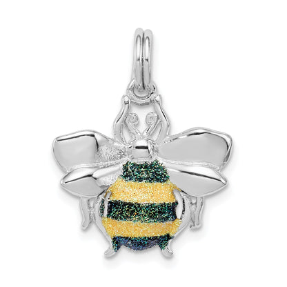 Sterling Silver Rhodium-plated Blue/Green & Yellow Enamel Bee Charm
