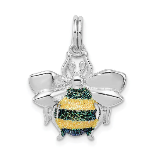 Sterling Silver Rhodium-plated Blue/Green & Yellow Enamel Bee Charm