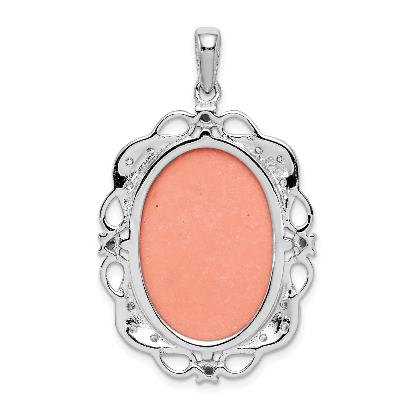 Sterling Silver Rhodium-plated Filigree Frame with Green Glass and Clear CZ Accents Plastic Pink Lady Cameo Pendant