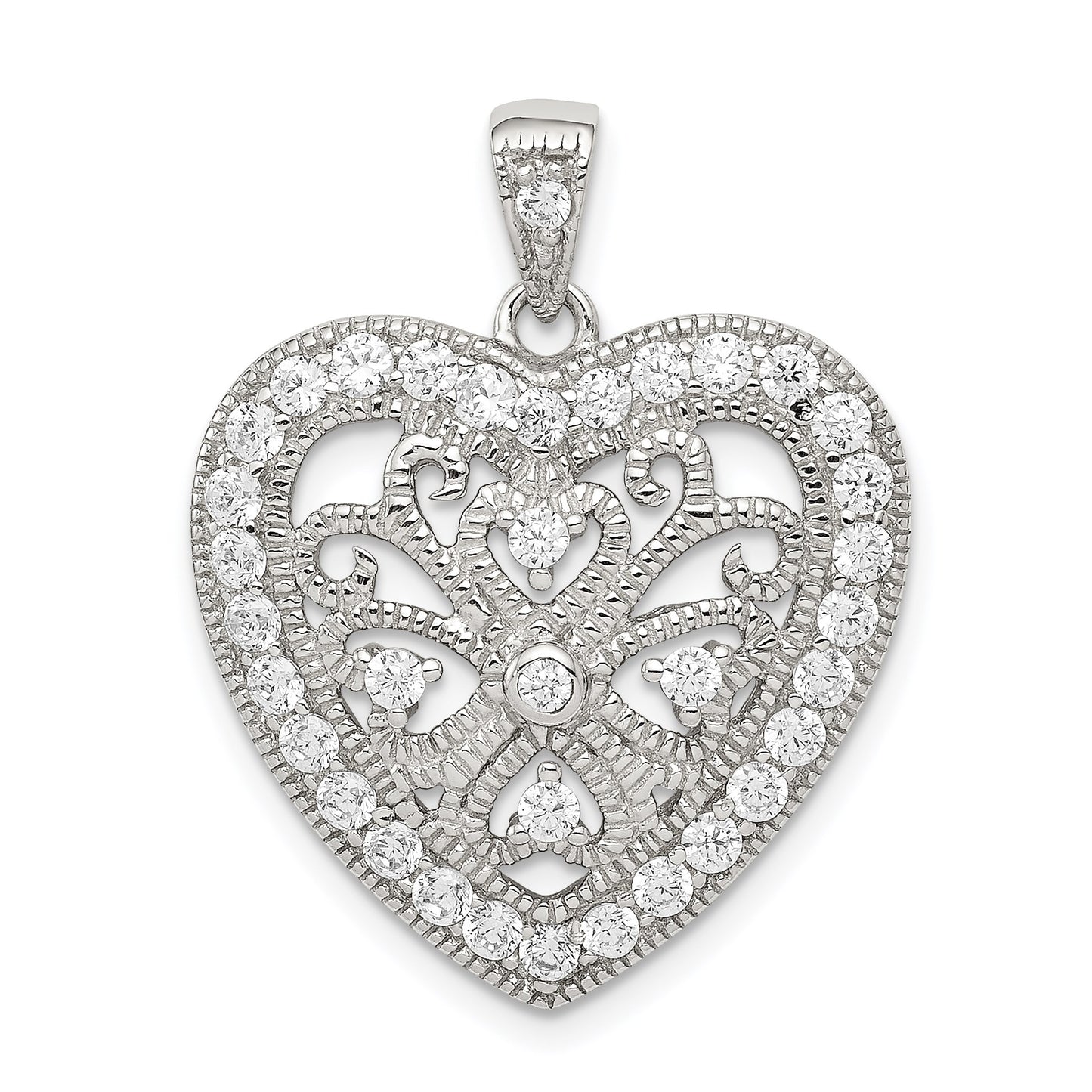 Sterling Silver Rhodium-plated CZ Filigree Heart Pendant