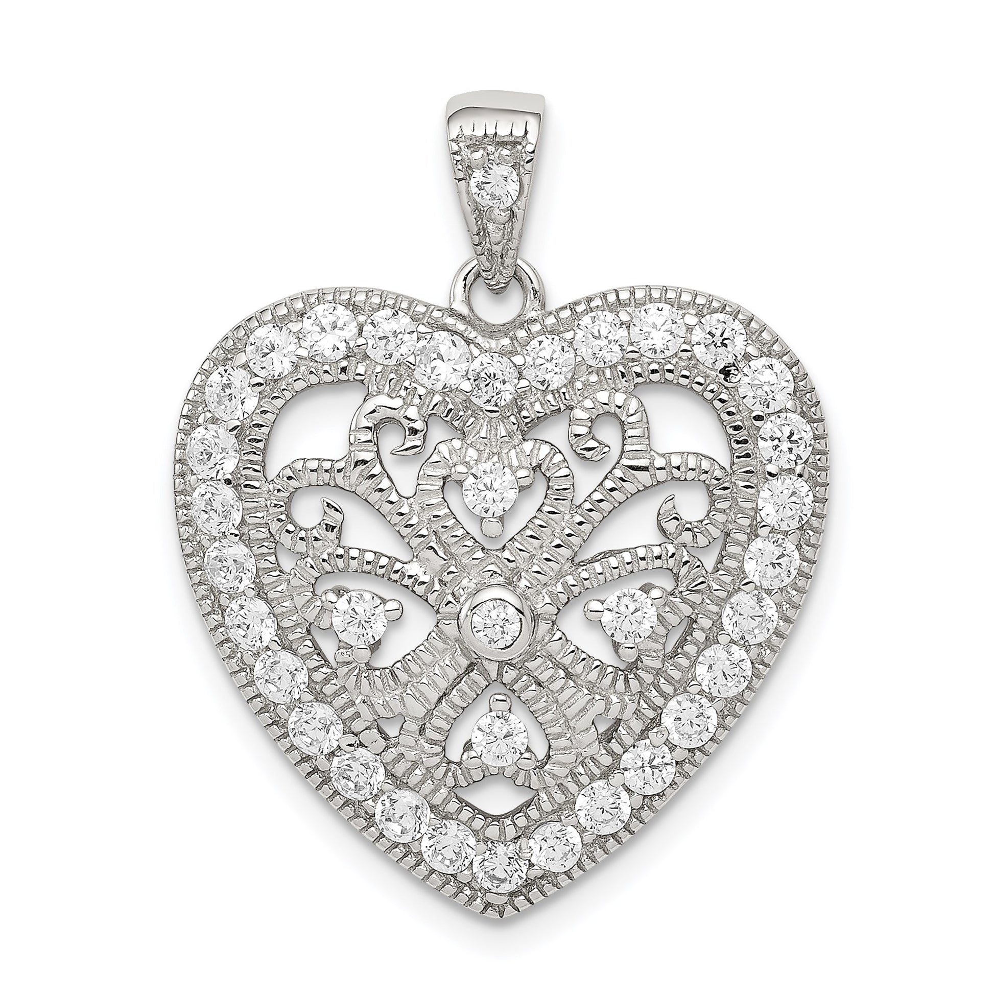 Sterling Silver Rhodium-plated CZ Filigree Heart Pendant