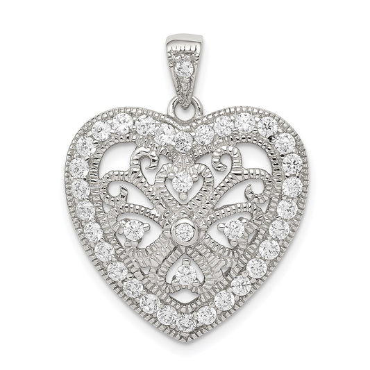 Sterling Silver Rhodium-plated CZ Filigree Heart Pendant