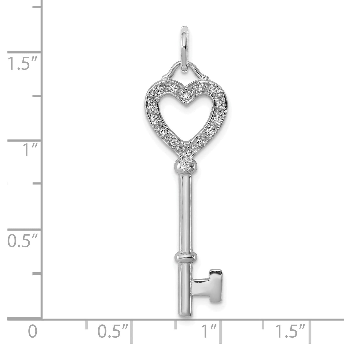 Sterling Silver Rhodium-plated CZ Heart Key Pendant