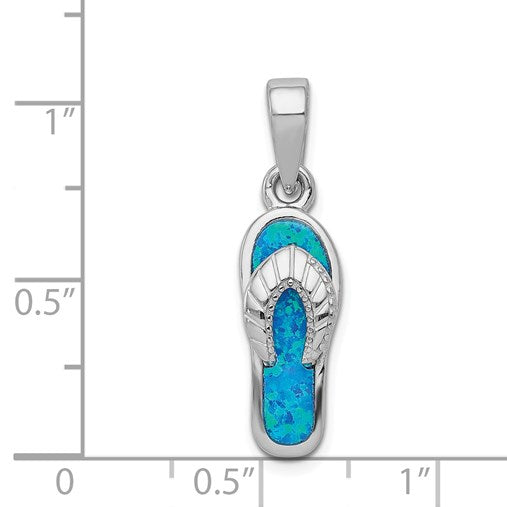 Sterling Silver Rhodium-plated Polished Created Blue Inlay Opal Sandal Pendant