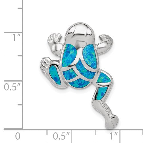 Sterling Silver Rhod-plated Created Blue Opal Inlay Frog Slide Pendant