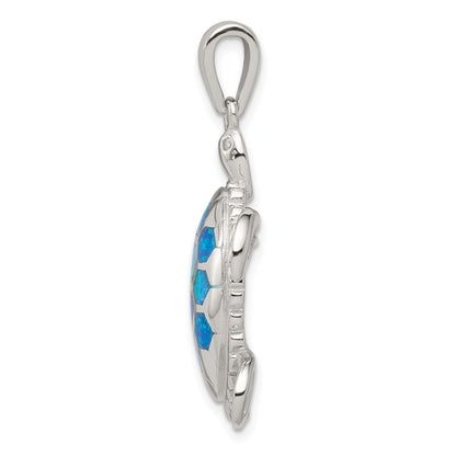 Sterling Silver Rhod-plated Created Blue Opal Inlay/CZ Tortoise Pendant