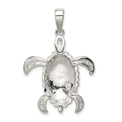 Sterling Silver Rhod-plated Created Blue Opal Inlay/CZ Tortoise Pendant