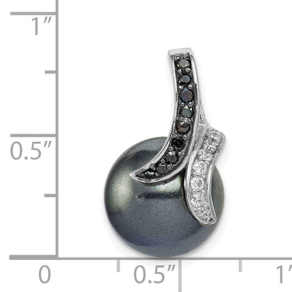 Sterling Silver Rhod-plated Blk/Wht CZ Blk Imitation Shell Pearl Pendant