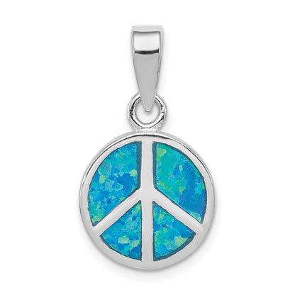 Sterling Silver Rhodium-plated Blue Inlay Created Opal Peace Sign Pendant